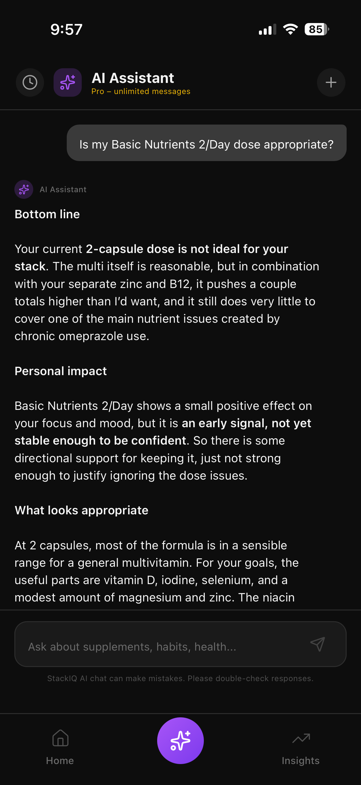 StackIQ AI Assistant chat — personalized supplement dose review with bottom line, personal impact, and what looks appropriate sections