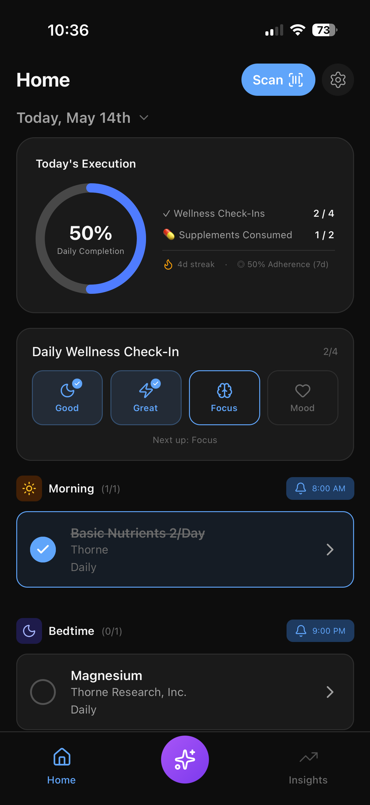 StackIQ home screen with daily supplement dosage tracking and wellness check-in
